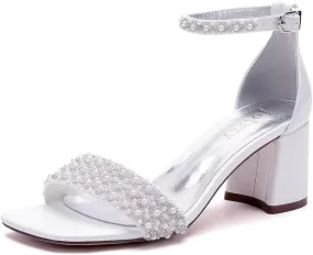 Block Heel Wedding Shoes for Bride Square Open Toe Wedding Sandals Pearl Bridal Shoes Wedding Heels Chunky