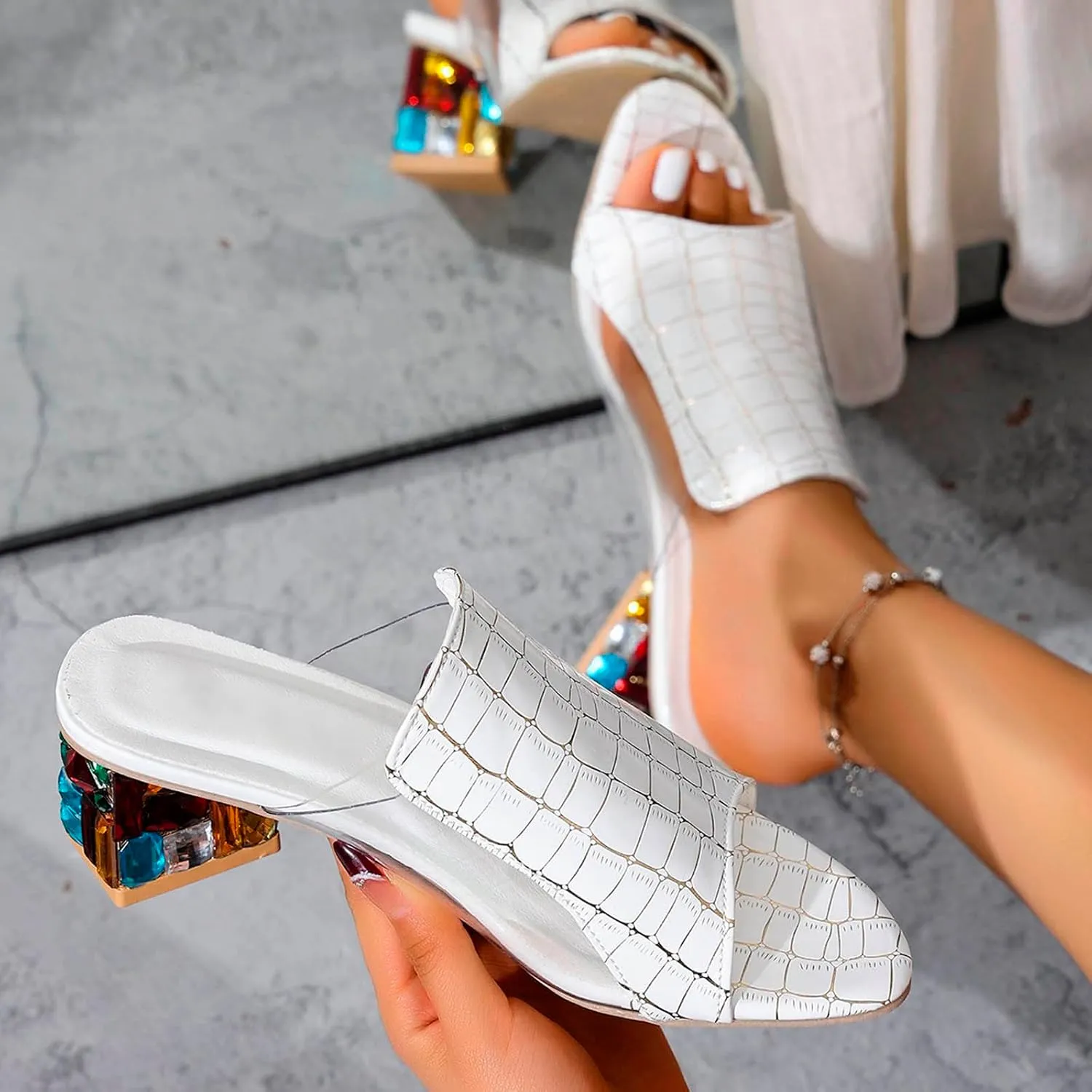 Block Heels for Women Breathable Braided Heeled Sandals Backless Square Heels Shoes Open Toe Block Slide Sandals