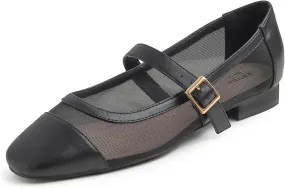 FEVERSOLE Women's Mary Jane Fashion Square Toe Easy Buckle Low Heel Slip On Flats