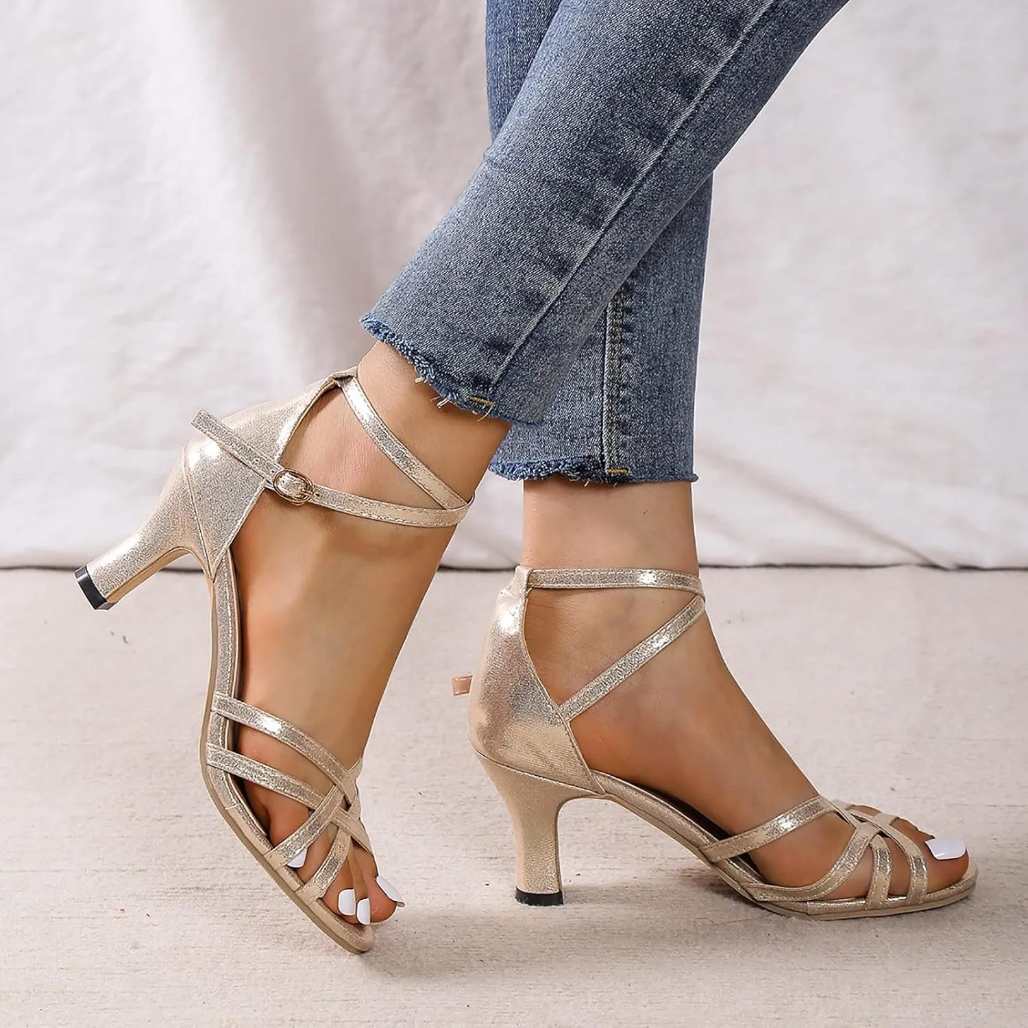 Heels for Women Satin Latin Dance Shoes Fashion Open Toe Ankle Straps Buckle Mid Heel Sandals Ballroom Tango