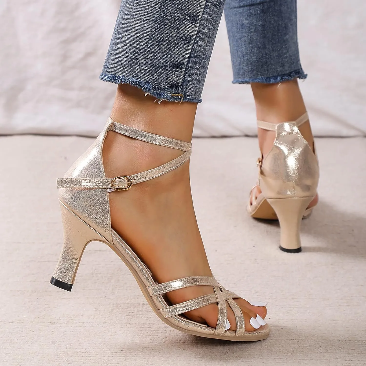 Heels for Women Satin Latin Dance Shoes Fashion Open Toe Ankle Straps Buckle Mid Heel Sandals Ballroom Tango