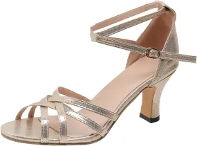 Heels for Women Satin Latin Dance Shoes Fashion Open Toe Ankle Straps Buckle Mid Heel Sandals Ballroom Tango