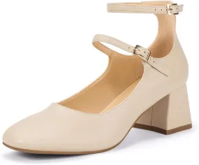 IDIFU IN2 Mary Jane Shoes Low Block Chunky Closed Toe Heels Dress Shoes for Women Square Toe Ankle Strap Wedding Prom Work Office Dressy Heels Comfortable Vintage Trendy Short Pumps