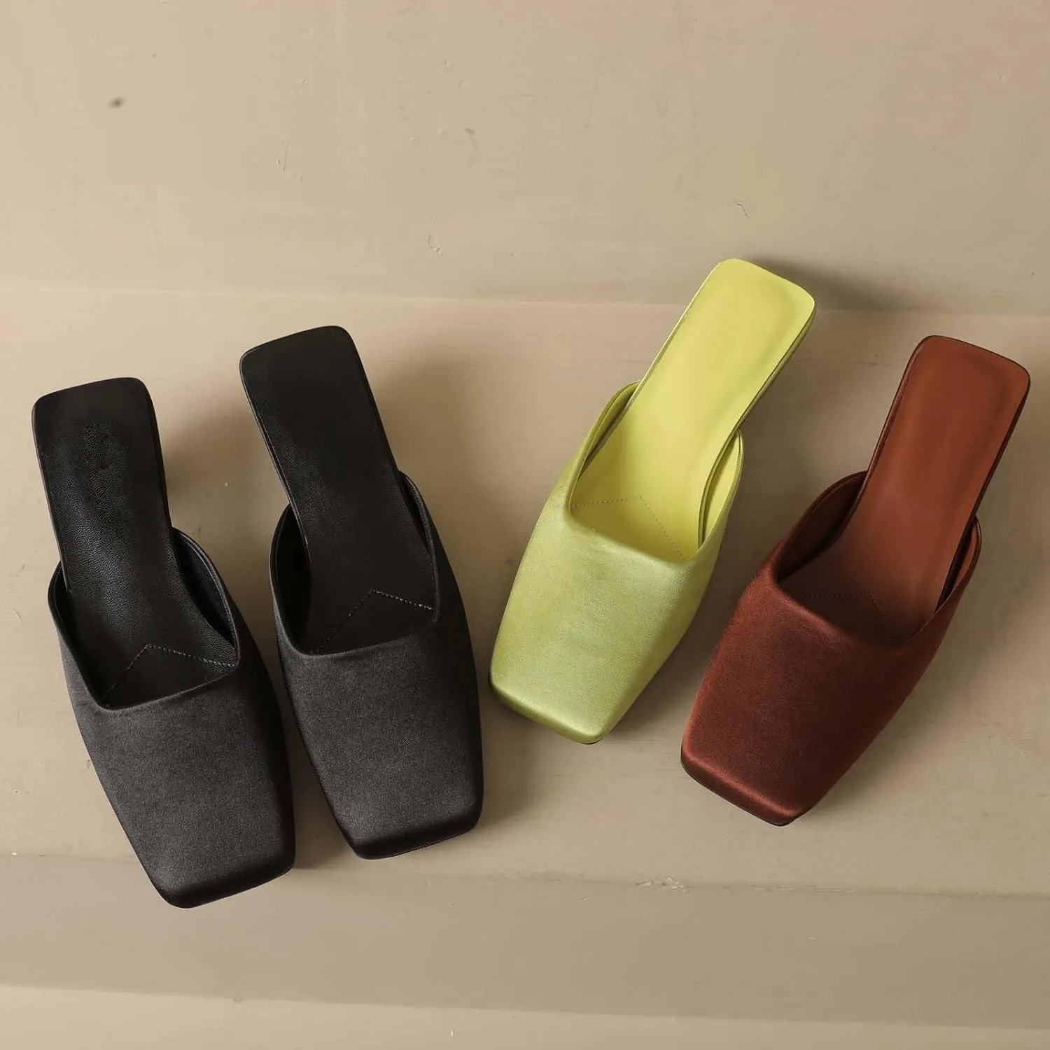 Low Heels for Women Closed Square Toe Heels Slip on Mules Satin Sandals Wedding Party Dance Shoes Casual Summer Pumps