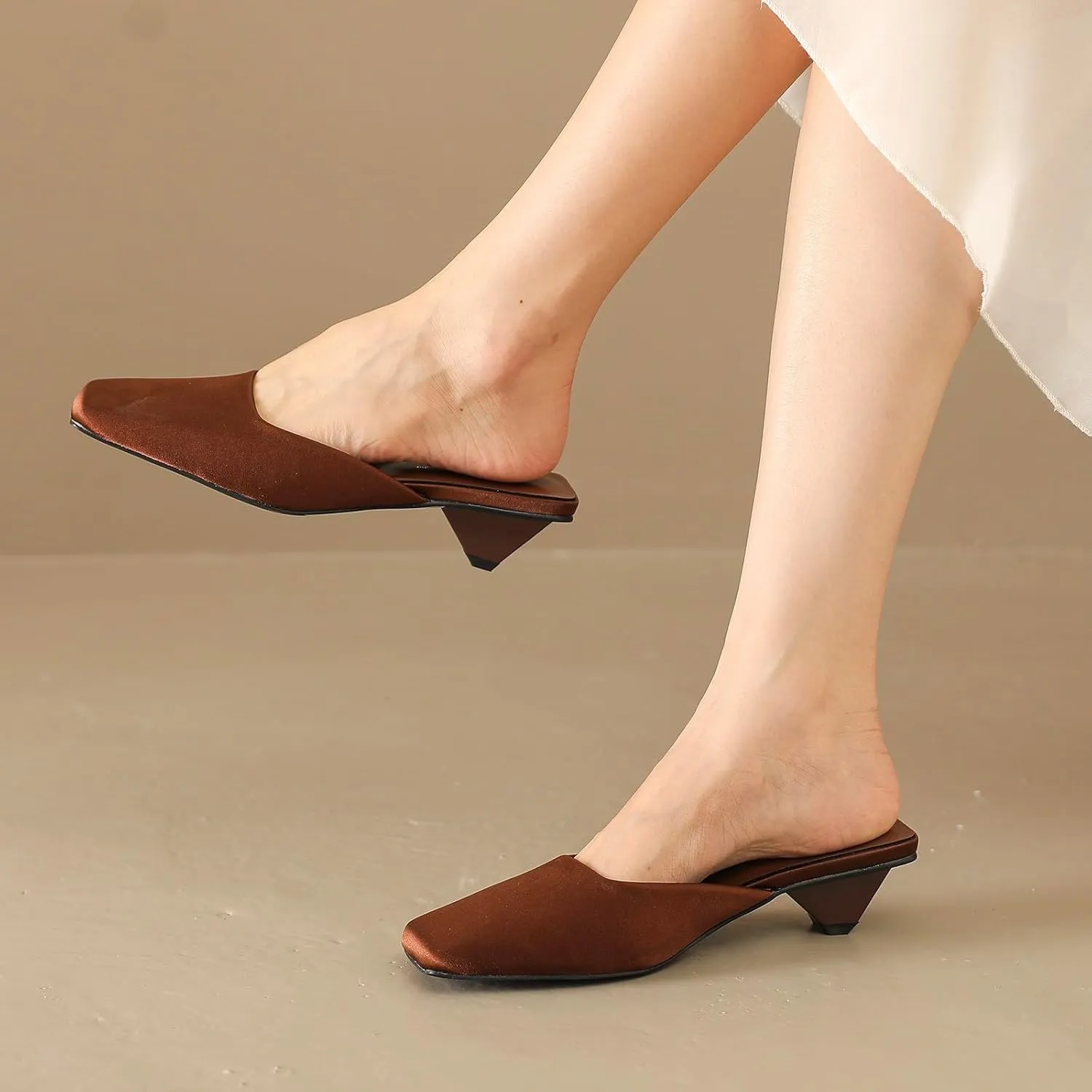 Low Heels for Women Closed Square Toe Heels Slip on Mules Satin Sandals Wedding Party Dance Shoes Casual Summer Pumps