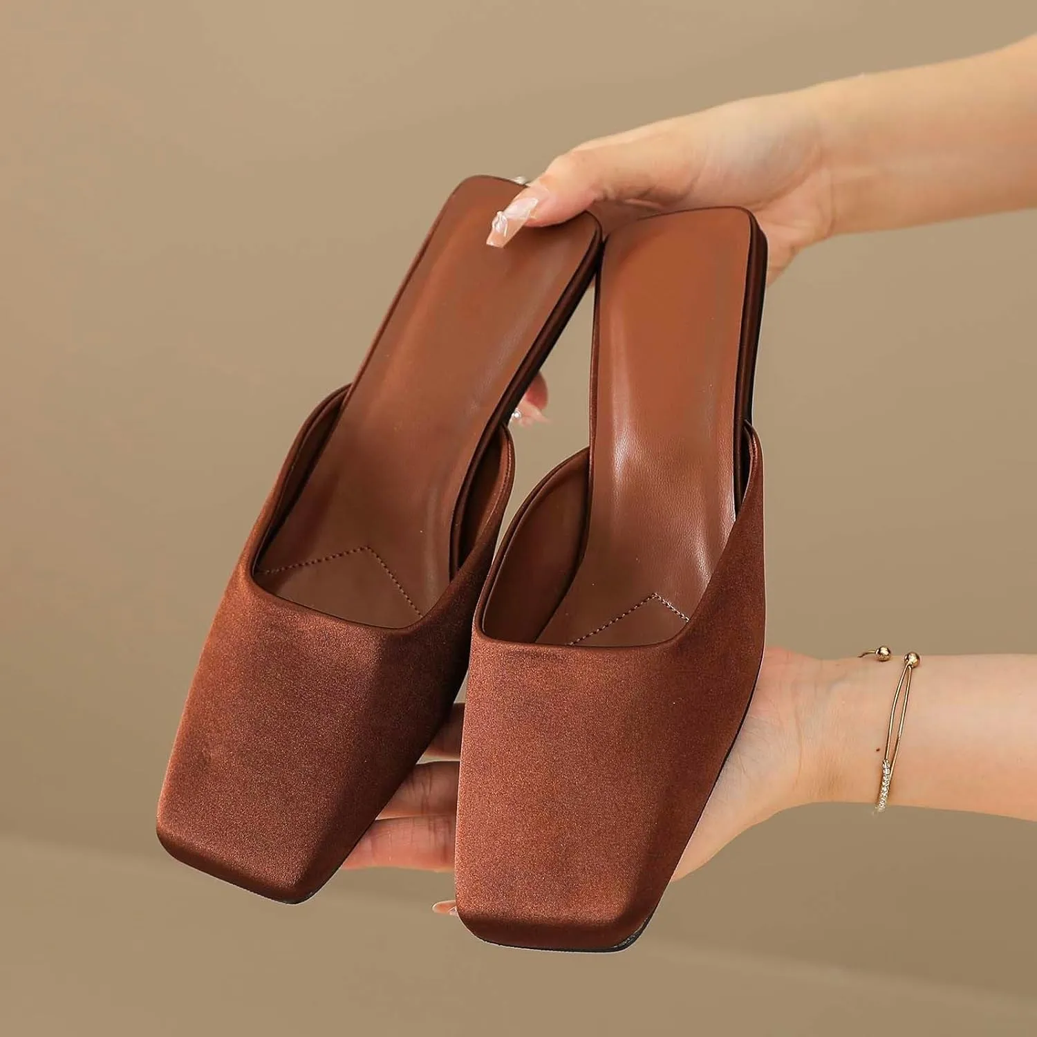 Low Heels for Women Closed Square Toe Heels Slip on Mules Satin Sandals Wedding Party Dance Shoes Casual Summer Pumps