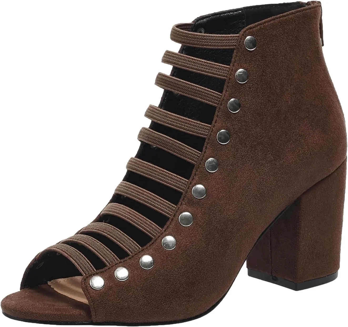 Women Toe Suede Sandals Back Zipper Cutout Chunky High Heel Sandals Ankle Strap Dressy Tied up High Heels