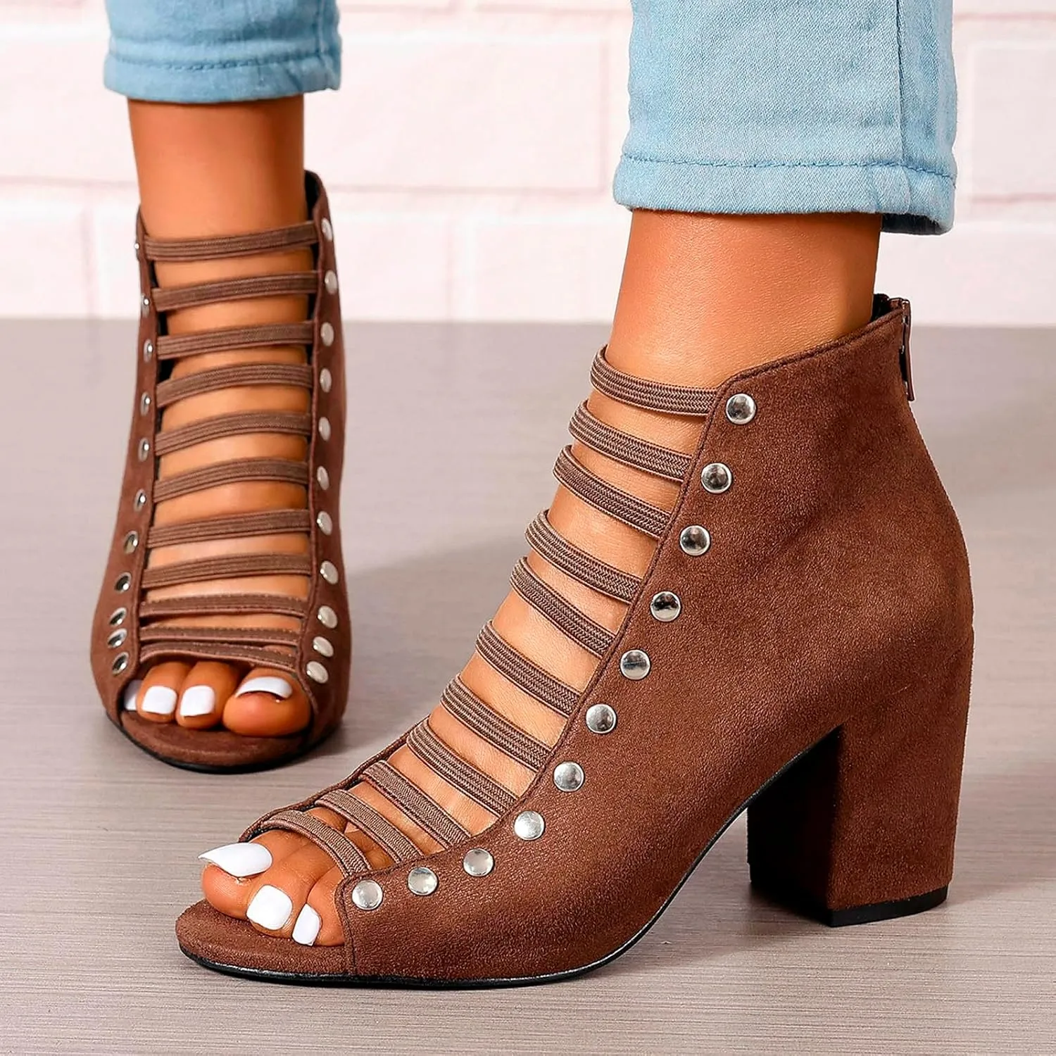 Women Toe Suede Sandals Back Zipper Cutout Chunky High Heel Sandals Ankle Strap Dressy Tied up High Heels