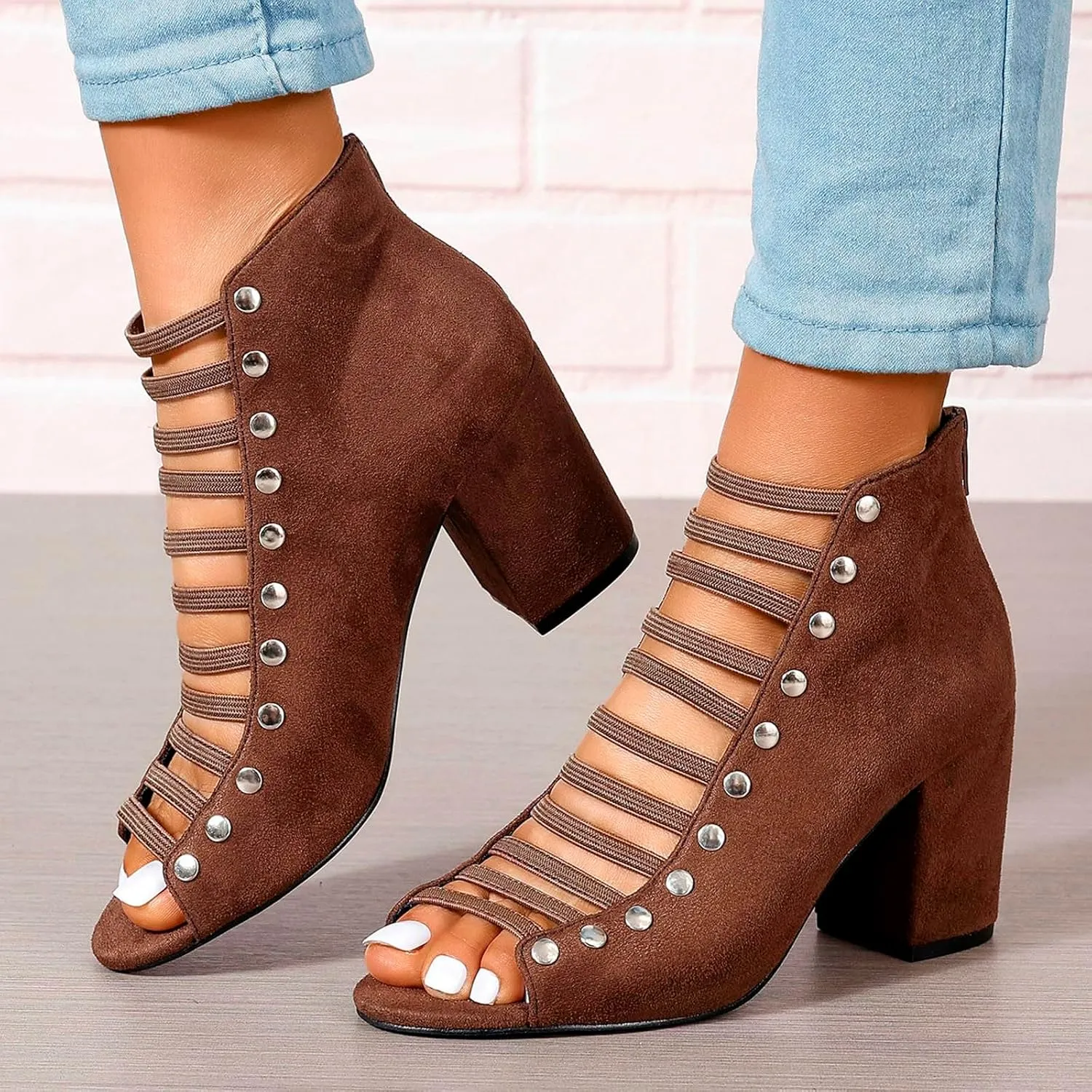 Women Toe Suede Sandals Back Zipper Cutout Chunky High Heel Sandals Ankle Strap Dressy Tied up High Heels