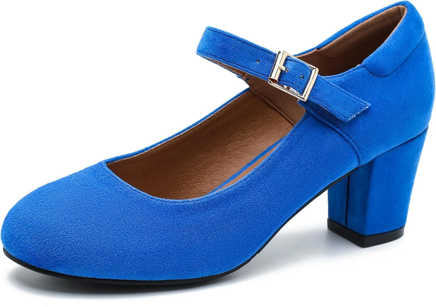 Women's Mary Jane Shoes Low Block Heel Ankle Strap Closed Round Toe Pumps Dress Wedding Office Work Church Shoes Royal Blue Suede 37-6.5US
