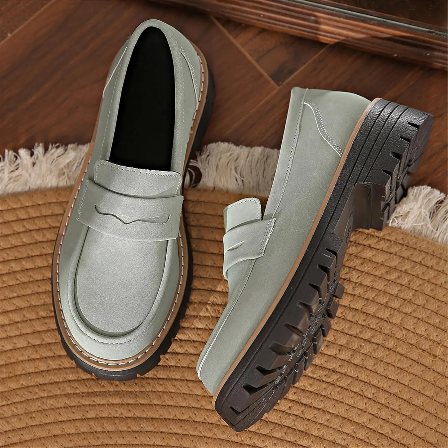 Women's Plus Size Casual Retro Suede Loafers with Chunky Heel Platform, ComfortableSuede Loafers Wide