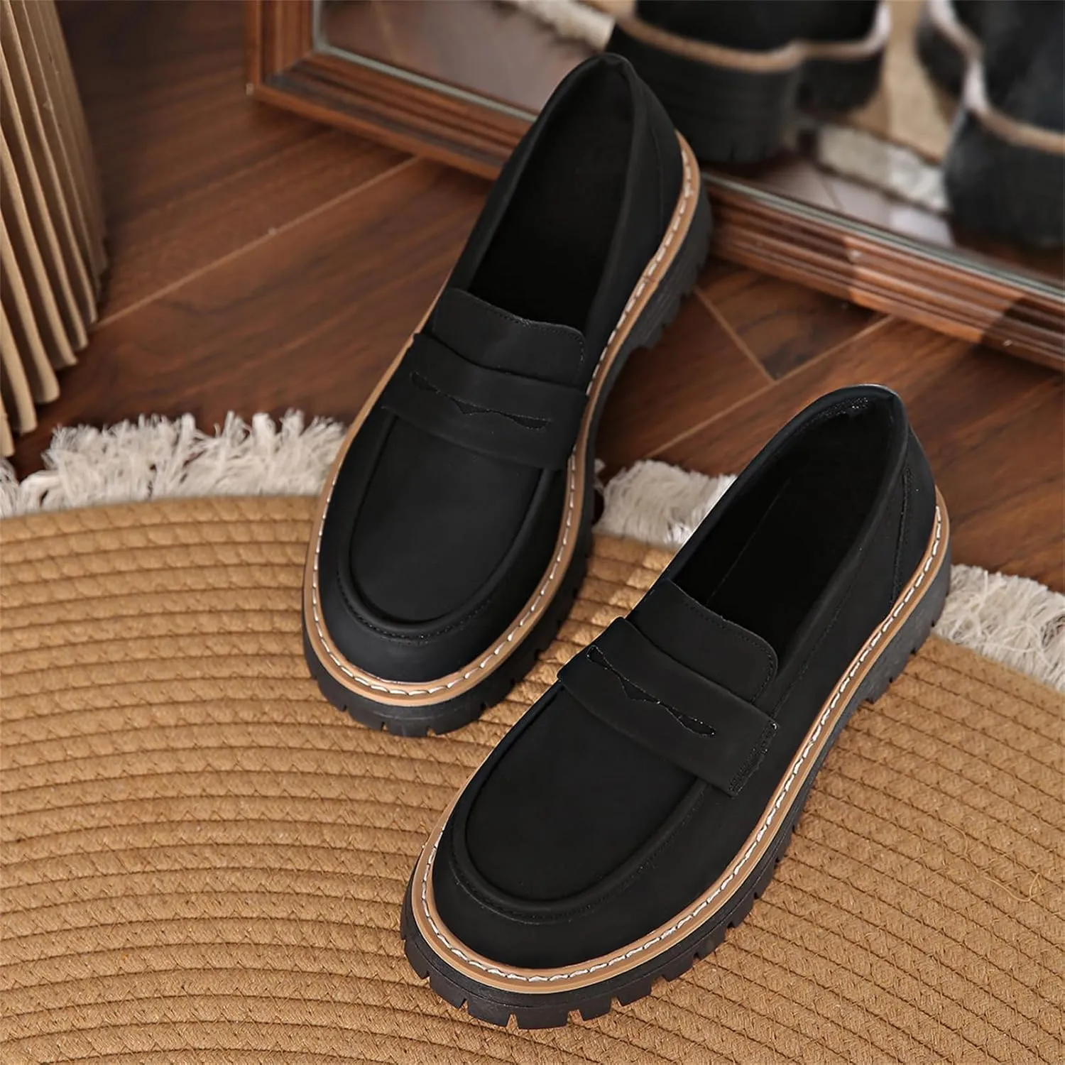Women's Plus Size Casual Retro Suede Loafers with Chunky Heel Platform, ComfortableSuede Loafers Wide